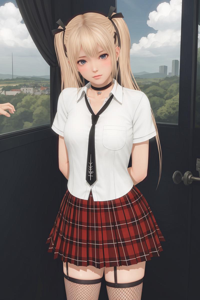 05487-3334375603-masterpiece, best quality, marie rose, (shy_1.2), blush, fishnet thighhighs, shirt, pov, pleated skirt, looking at viewer, hands.png